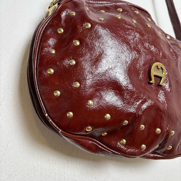 ETIENNE AIGNER Vintage Oxblood Studded Patent Leather Big Logo Bag Purse *Flaws* - Picture 2 of 16